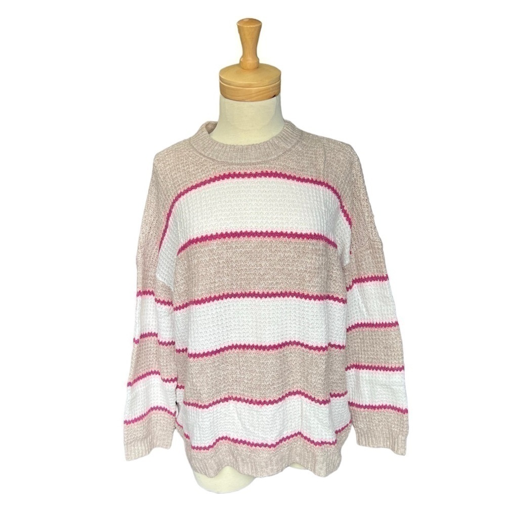 AMERICAN Eagle knitted Fit Tan-White Striped Crew Neck Pullover Sweater…